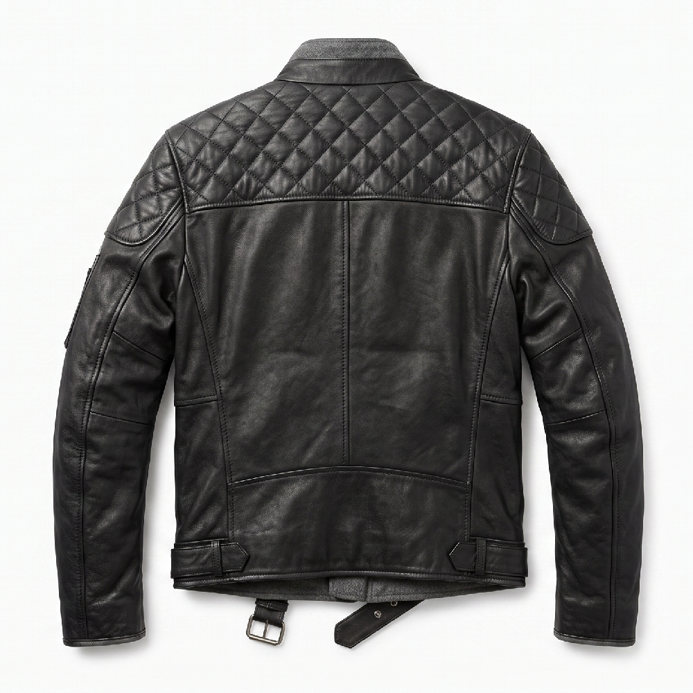 Mens Black Quilted Shoulder Leather Jacket - Image 3