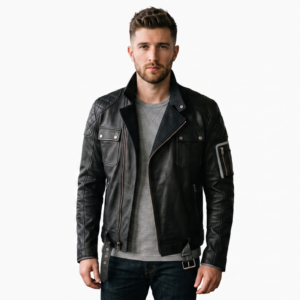 Mens Black Quilted Shoulder Leather Jacket