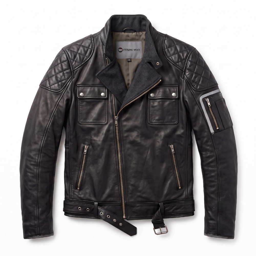 Mens Black Quilted Shoulder Leather Jacket - Image 2