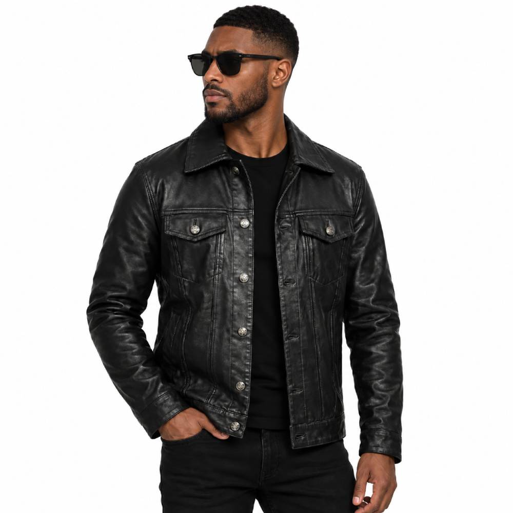 Mens Black Trucker Leather Jacket