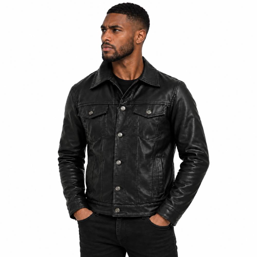 Mens Black Trucker Leather Jacket
