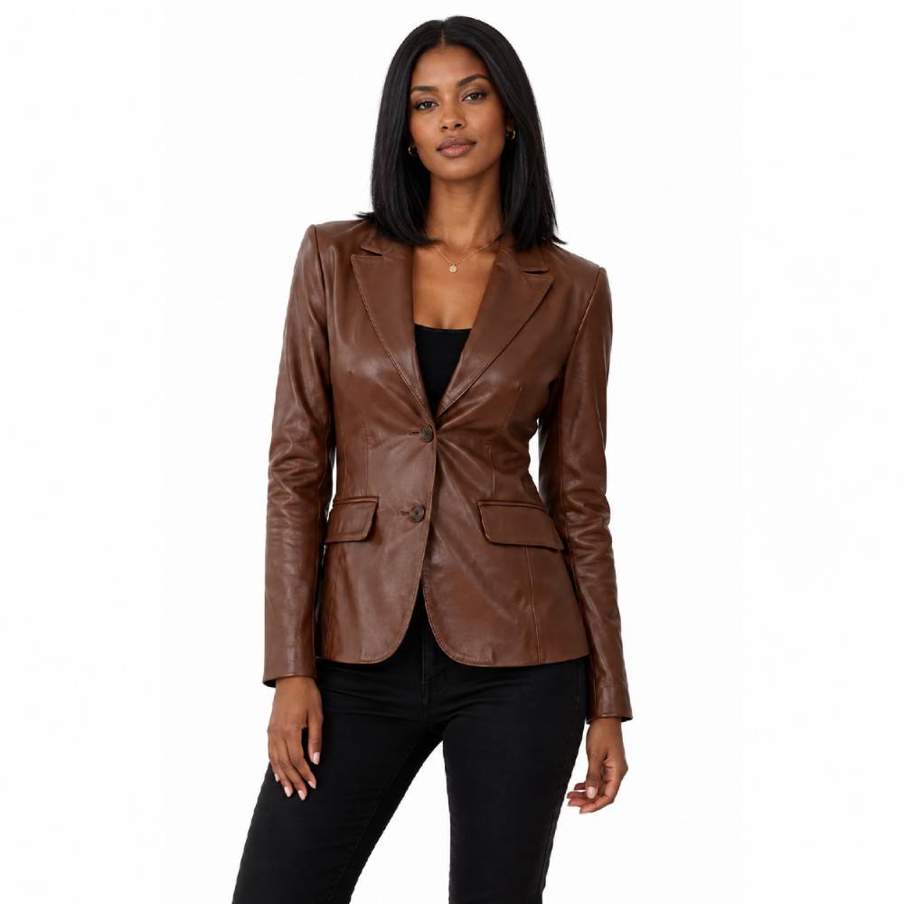 Womens Two Button Brown Leather Blazer