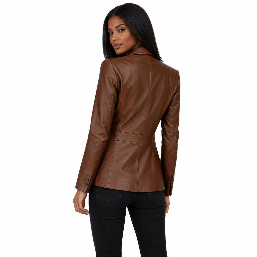 Womens Two Button Brown Leather Blazer