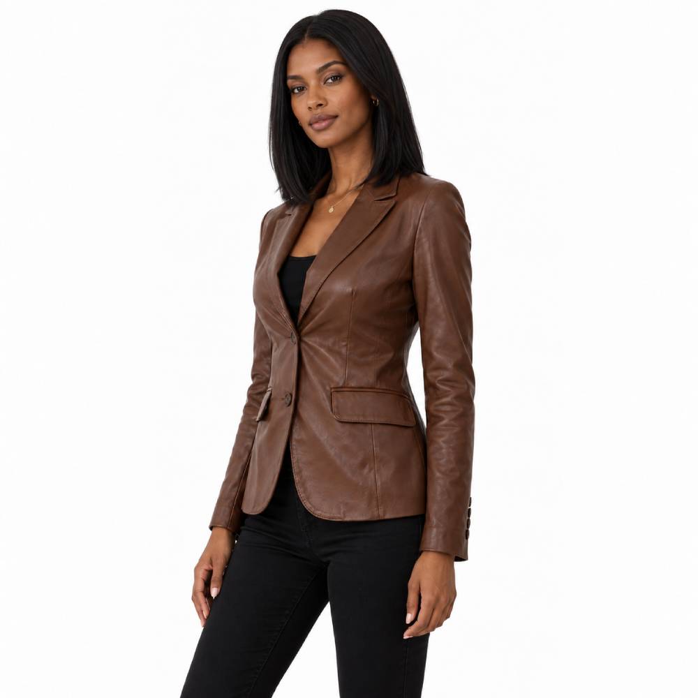 Womens Two Button Brown Leather Blazer