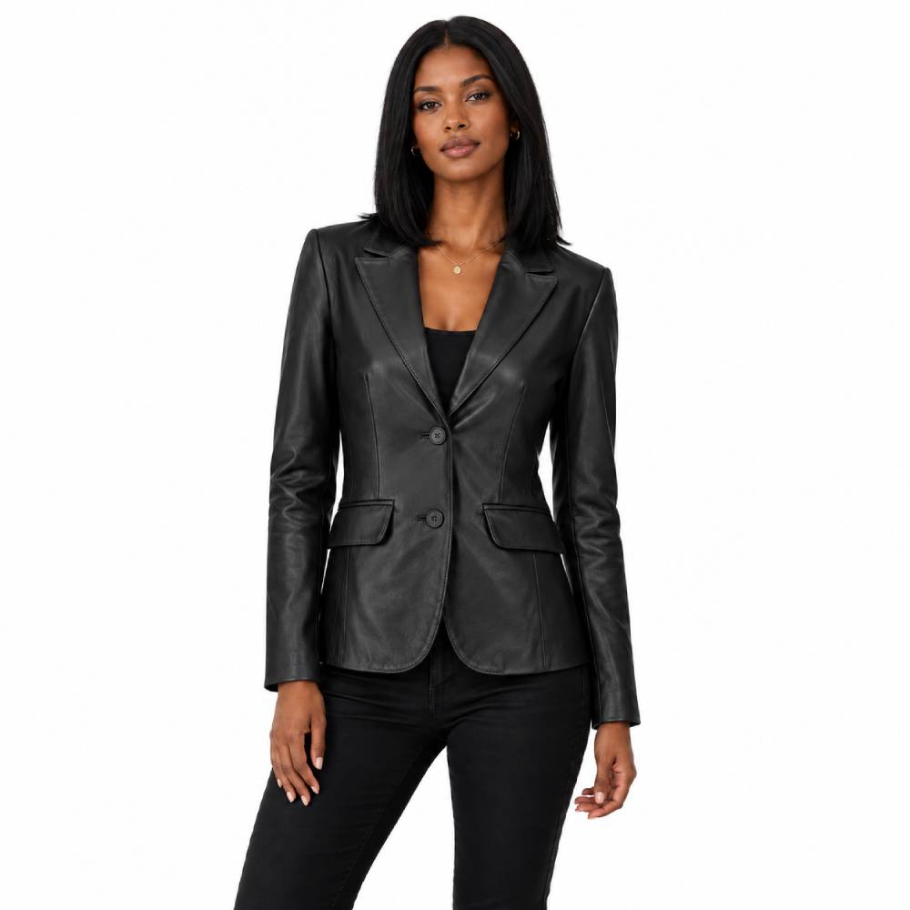 Womens Two Buttoned Black Leather Blazer