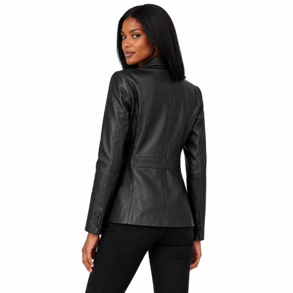 Womens Two Buttoned Black Leather Blazer