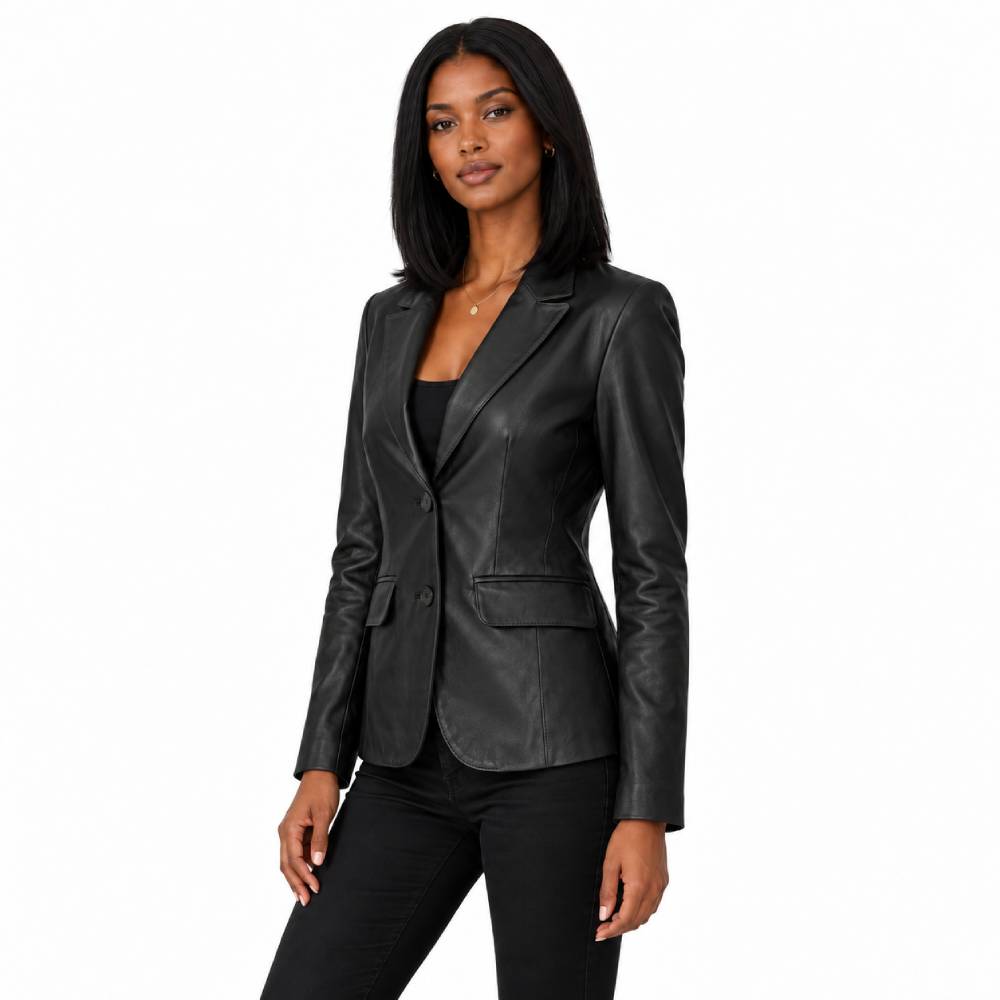 Womens Two Buttoned Black Leather Blazer
